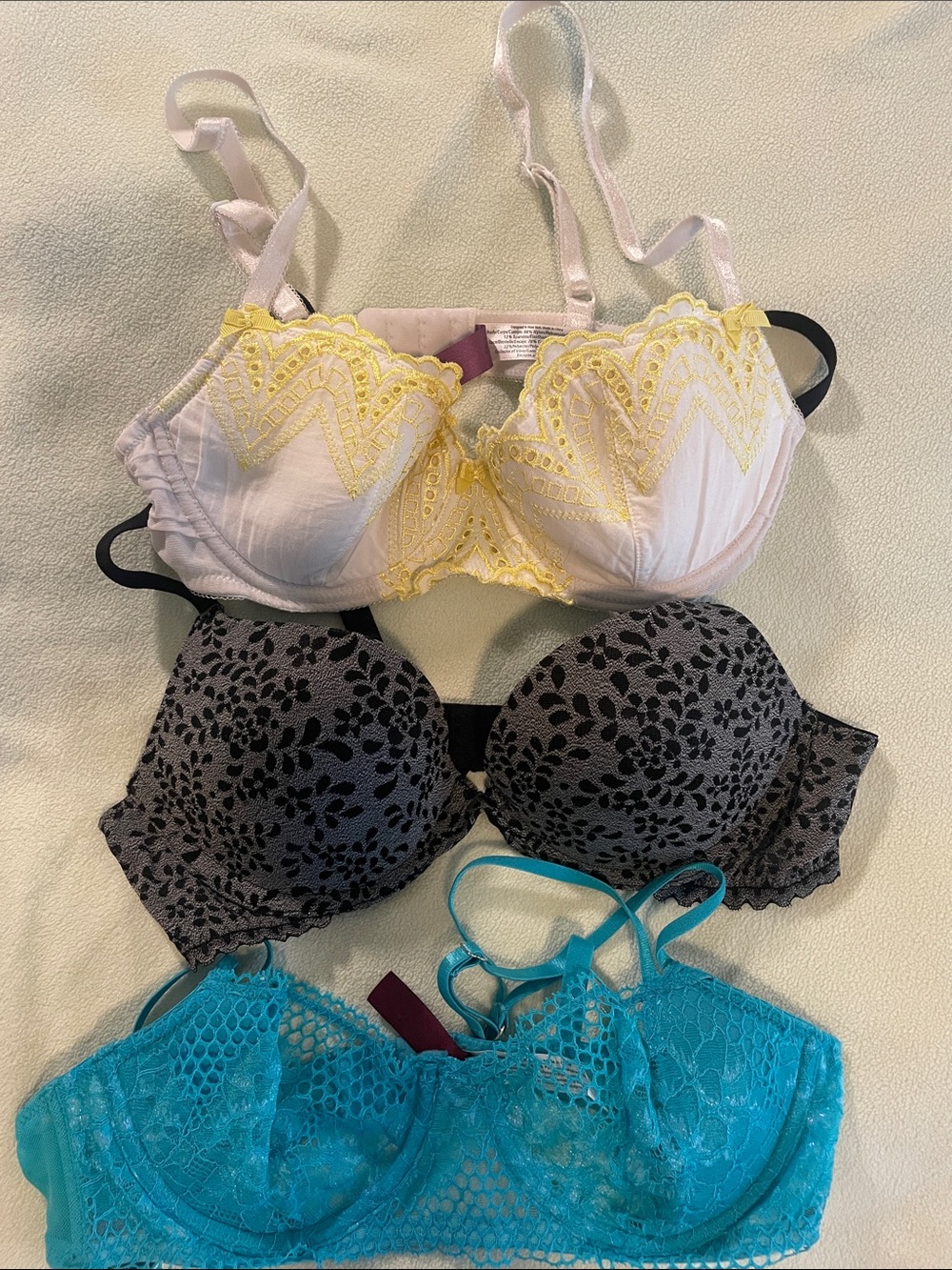 Adore Me Three-Piece Lace & Embroidered Bra Set - White, Gray, Teal